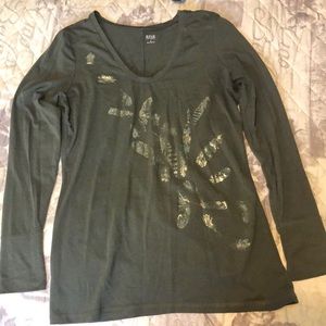 Olive green long sleeve top, feather detail Size S